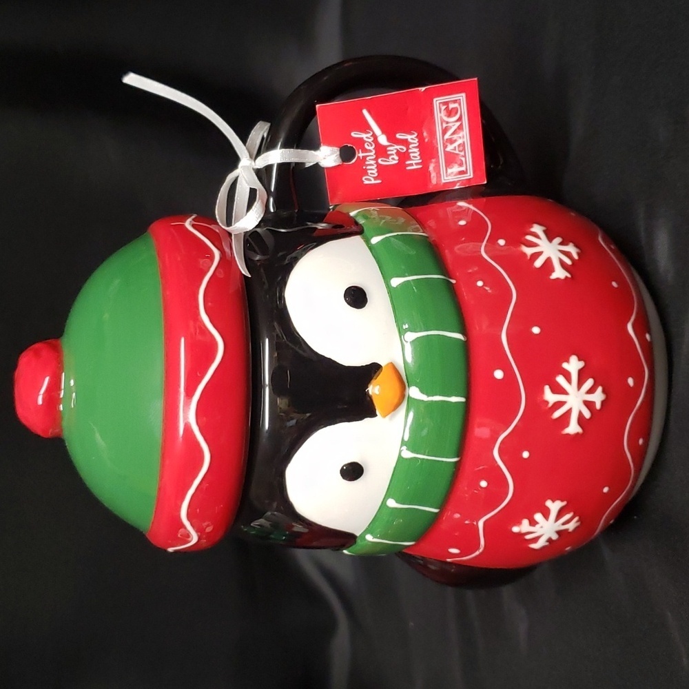 Lang NWT Handpainted Ceramic Holiday Penquin Mug